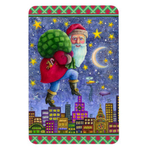 FOLK ST. NICK TIPTOS ON ROOFTOPS WITH BAG OF LEKSA MAGNET