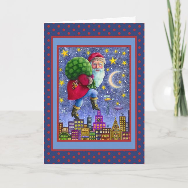 FOLK ST. NICK TIPTOS PÅ ROOFTOPS MED BAG AV LEKSAK HELGKORT (Framsida)