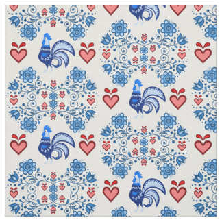 Folk Tupp/Cockerel /blue/red blommigt, hjärtan 4 t Tyg