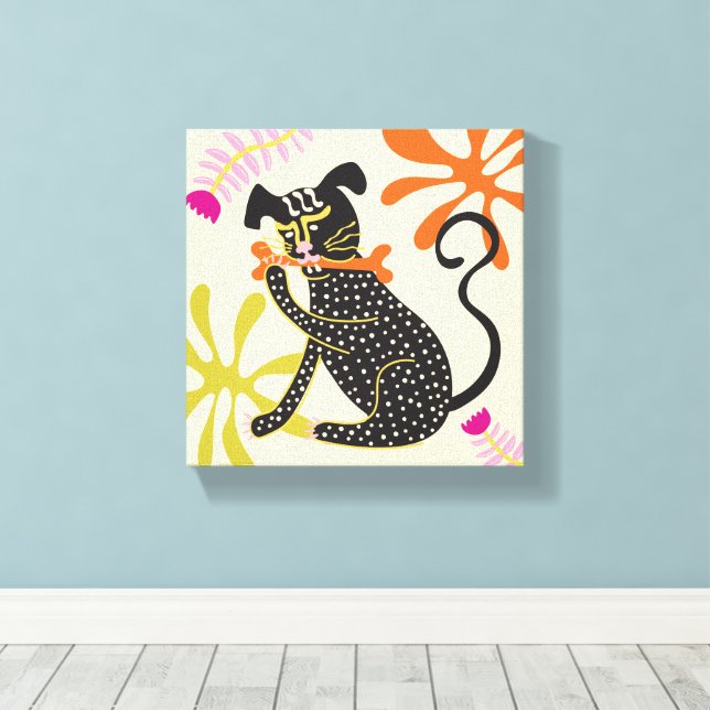 Folkart Boho Abstrakt Black Hund hand plockade Canvastryck (Insitu (trägolv))