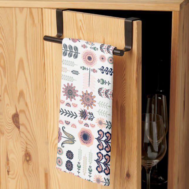 folkart Botaniskt sjölöst Mönster Kökshandduk (Thirds Fold)