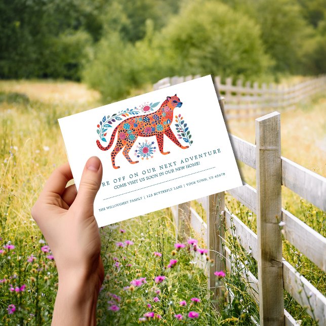 FolkArt Cheetah Flytta Announcement Postcard Vykort (Skapare uppladdad)