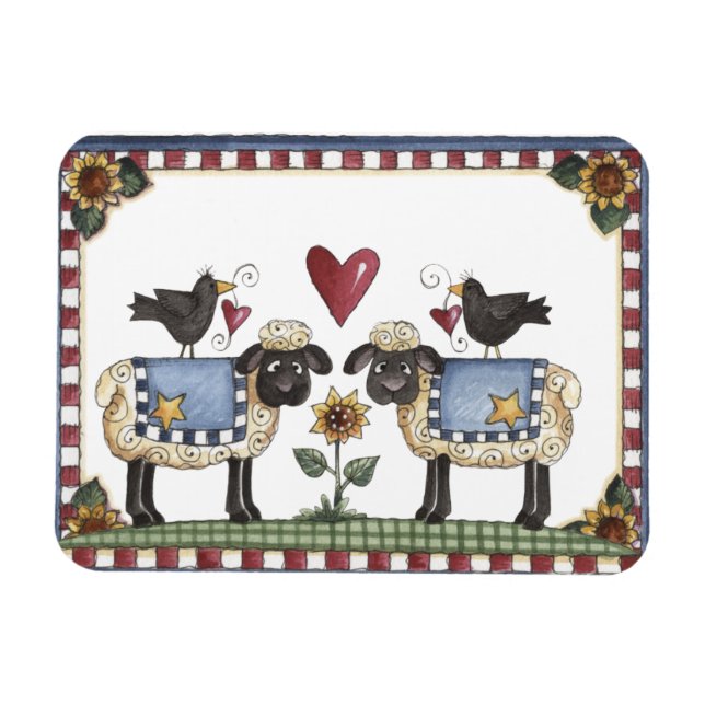 Folkart Sheep Kråkas & Sunblommor Magnet (Horisontell)