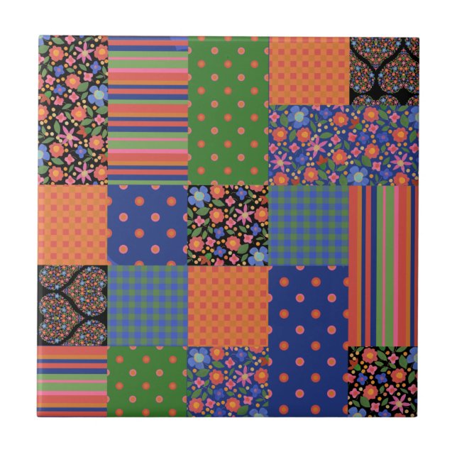 folkArt Stil Faux Patchwork Ceramic Tile Kakelplatta (Framsidan)