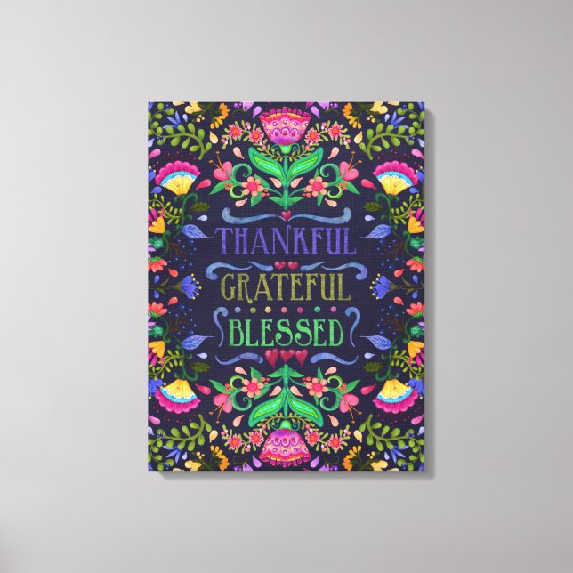 Folkart tacksam, tacksam, välsignad | Blommigt Art Canvastryck (Framsida)
