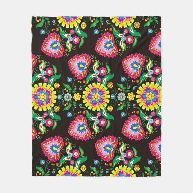 Folkblommande mönster: retrofärgade plattor fleecefilt (Framsidan)