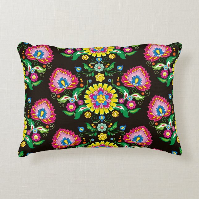 Folkblommande mönster: retrofärgade plattor prydnadskudde (Framsidan)