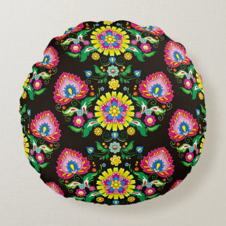 Folkblommande mönster: retrofärgade plattor rund kudde