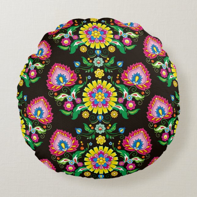 Folkblommande mönster: retrofärgade plattor rund kudde (Framsidan)
