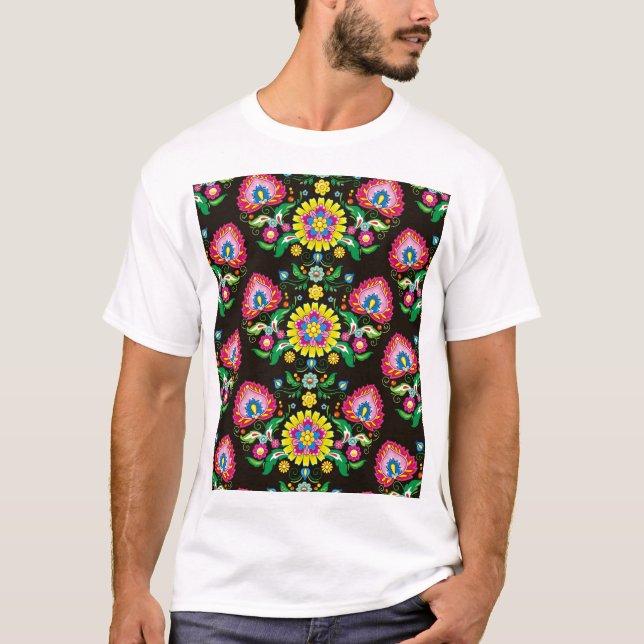 Folkblommande mönster: retrofärgade plattor t shirt (Framsida)