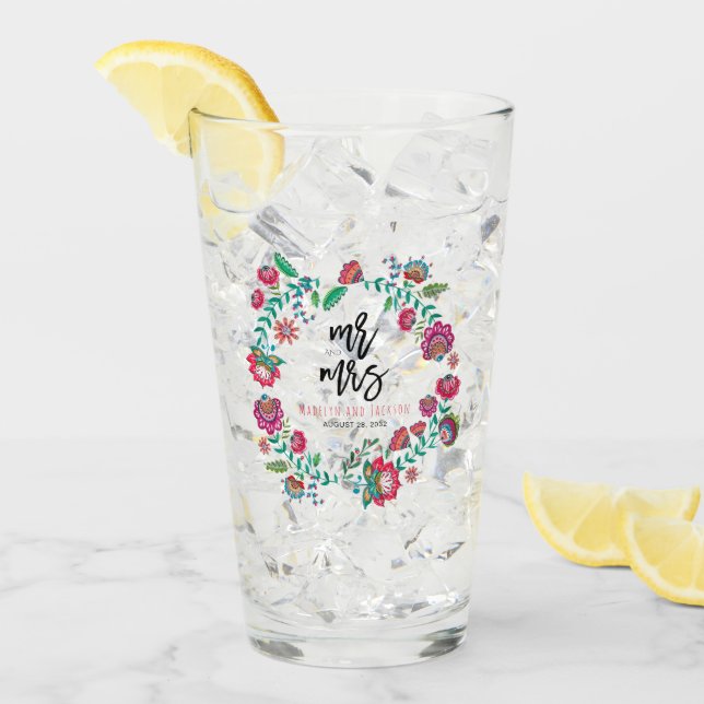 Folkblommig bröllopsdricksglas rustik blomster glaskopp (Framsida Ice)