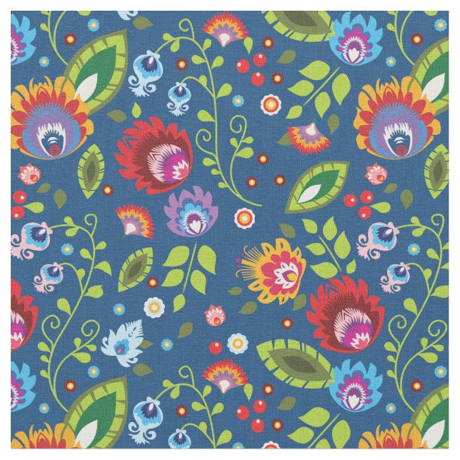 🌺 🌷 folkblommor på klassisk blå vävnad tyg (Närbild)