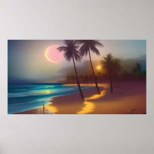Folkets Måne och Beach, måndagligt hav handflatan Poster