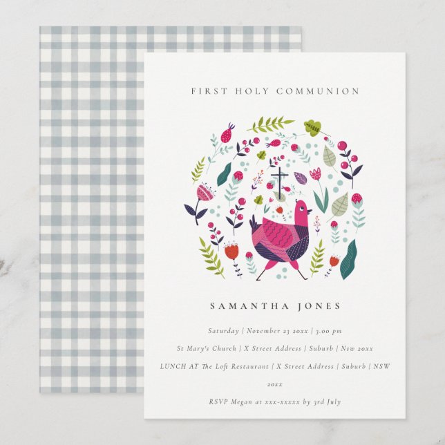 Folkfarm Blommigt Birdie First Communion Inbjudan (Fram/baksida)