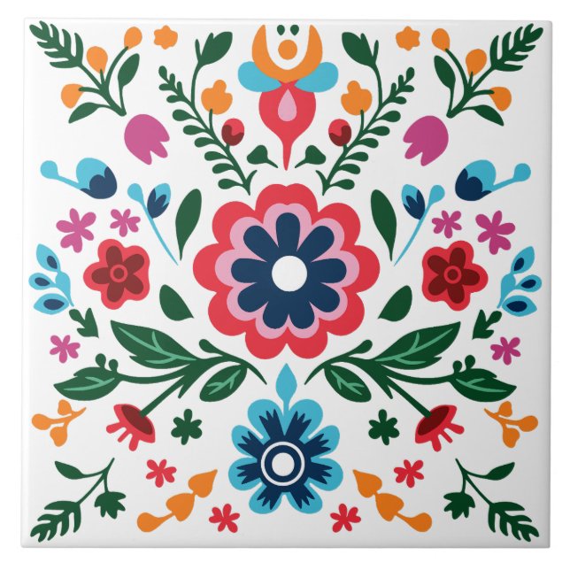 Folkkonst Blommönster Färgrika Blommor Kakelplatta (Framsidan)
