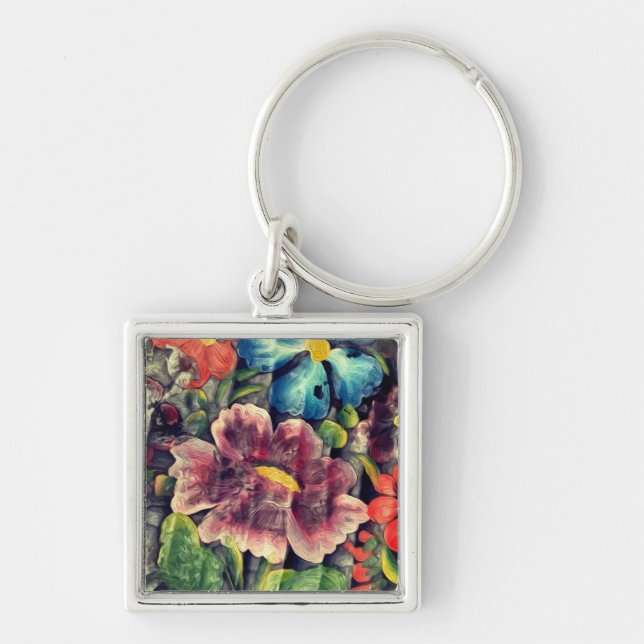 Folkkonst Blommor i Blomning Fyrkantig Silverfärgad Nyckelring (Framsidan)