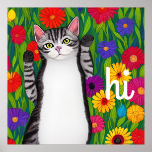 Folkkonst Färgrik katt och blommor som säger Hej A Poster