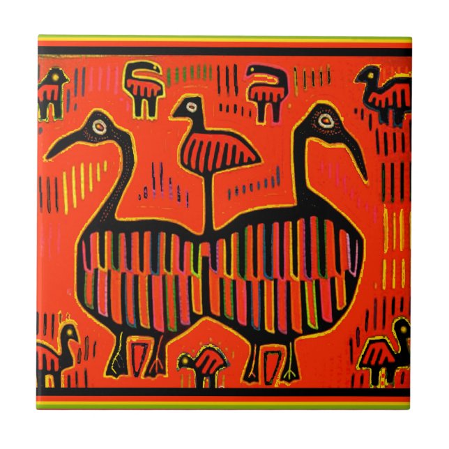 Folkkonst Färgrika Fåglar Kakelplatta (Framsidan)
