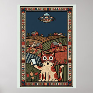 Folkkonst Katt med UFO på landsbygden Whimsical Poster