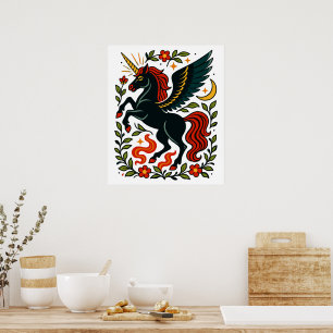 Folkkonst Pegasus Enhörning Blommig Celestial Affi Poster