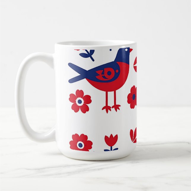 Folkkonst Röd Blå Fågel Blommig Mönster Kaffemugg (Vänster)