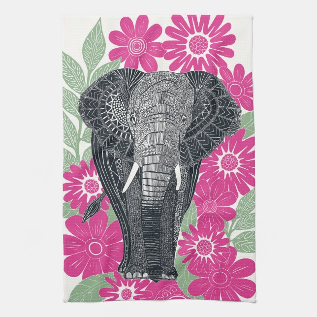 folklig elefant rosa kökshandduk (Vertikal)