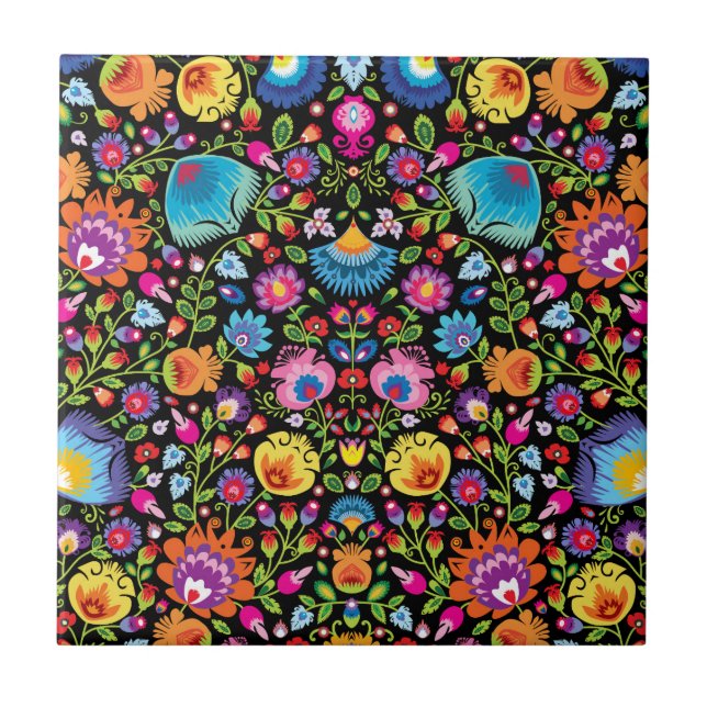 Folklore blommor Wycinanki svart  Kakelplatta (Framsidan)