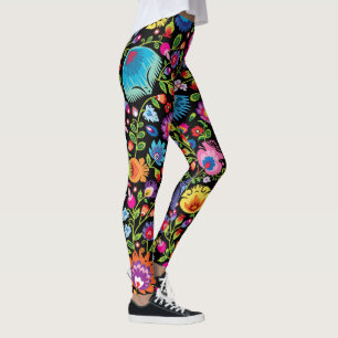 Folklore blommor Wycinanki svart  Leggings