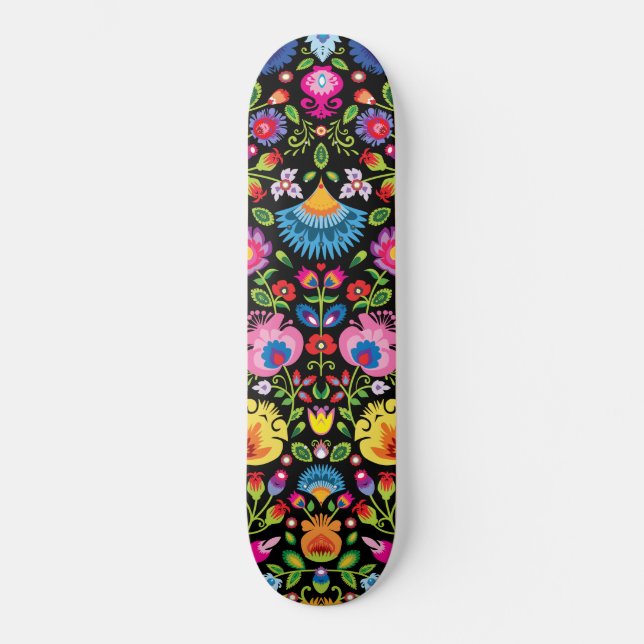 Folklore blommor Wycinanki svart  Mini Skateboard Bräda 18,5 Cm (Framsida)