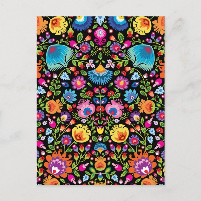 Folklore blommor Wycinanki svart Vykort (Framsida)