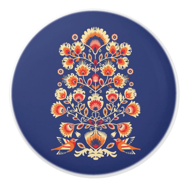 💙 💛 🧡 Folklore med gula blommor och fåglar Knopp (Framsidan)