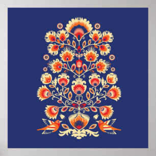 💙 💛 🧡 Folklore med gula blommor och fåglar Poster