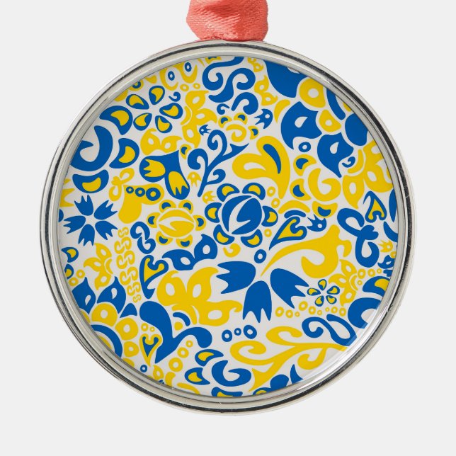 Folklore mönster med Ukrainas flagga färg Julgransprydnad Metall (Framsidan)