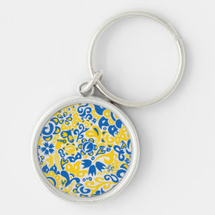 Folklore mönster med Ukrainas flagga färg Rund Silverfärgad Nyckelring