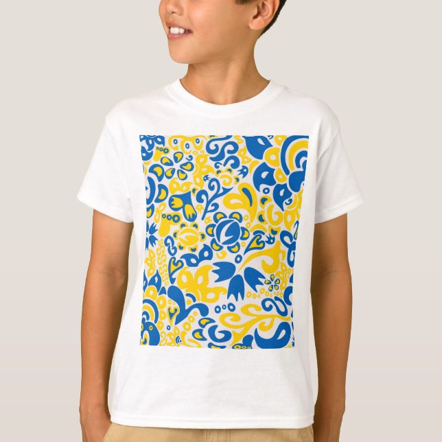 Folklore mönster med Ukrainas flagga färg T Shirt (Framsida)