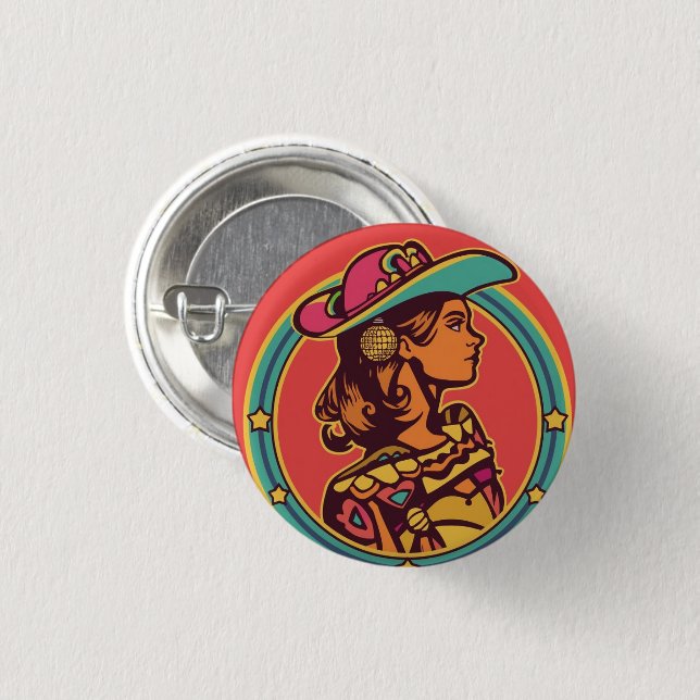 Folkloric Cowgirl Button Pin – Retro Profile Desig Knapp (Framsida & baksida)