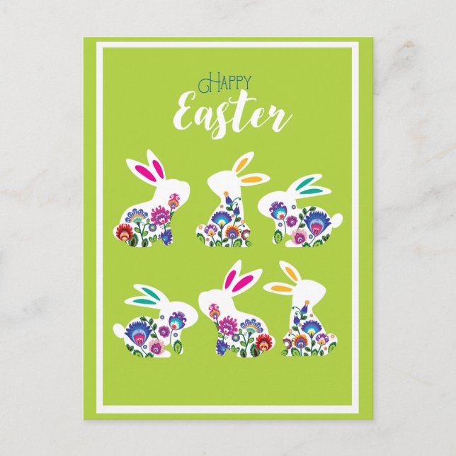 Folkloristiska glada påskharar vårgrönska vykort (Framsida)
