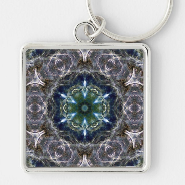 Folkmandala Keychain Fyrkantig Silverfärgad Nyckelring (Framsidan)