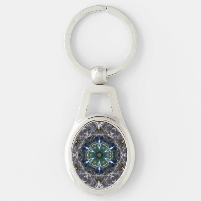 Folkmandala Keychain Ovalt Silverfärgad Nyckelring (Framsidan)