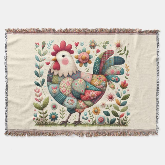 Folkpatchwork Tupp med Blommiga Accenter Filt (Framsidan)