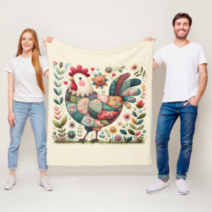 Folkpatchwork Tupp med Blommiga Accenter Fleecefilt