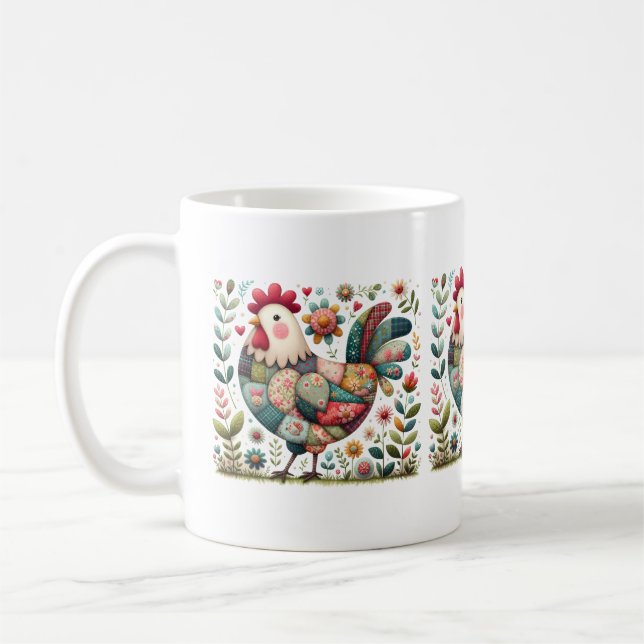 Folkpatchwork Tupp med Blommiga Accenter Kaffemugg (Vänster)