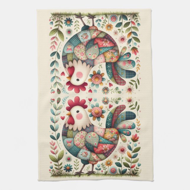 Folkpatchwork Tupp med Blommiga Accenter Kökshandduk (Vertikal)