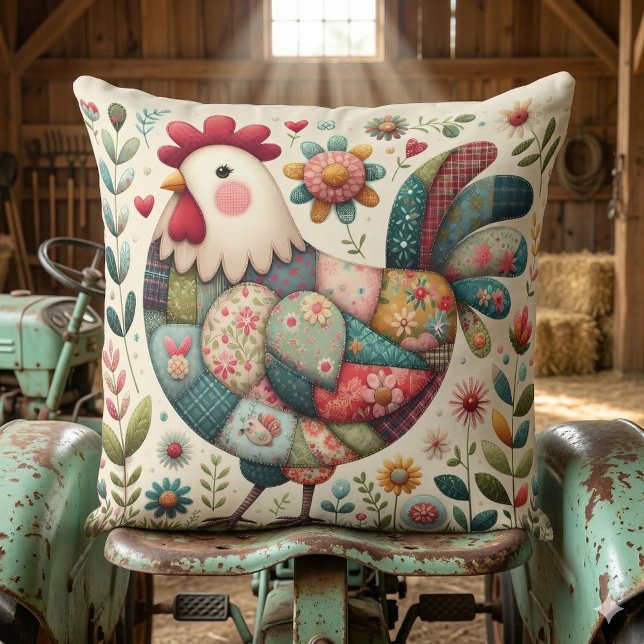 Folkpatchwork Tupp med Blommiga Accenter Kudde (Folk Patchwork Rooster with Floral Accents Throw Pillow Mockup D)