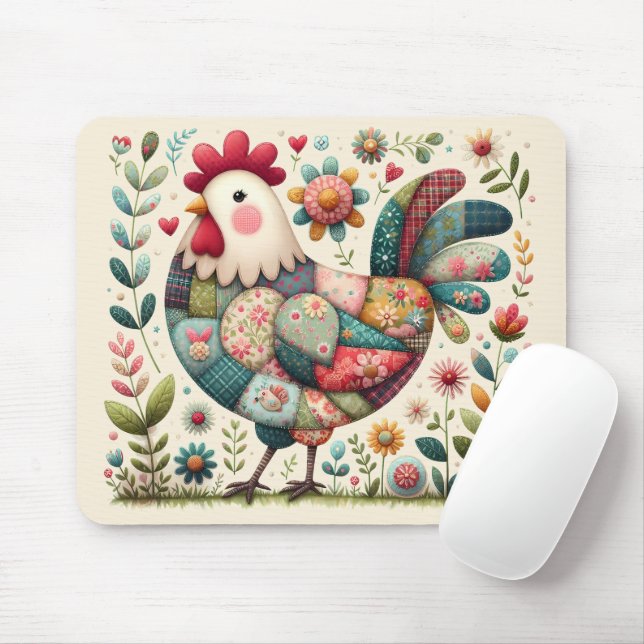 Folkpatchwork Tupp med Blommiga Accenter Musmatta (Med mus)