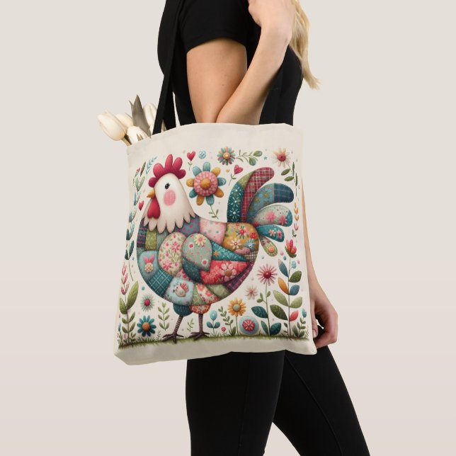 Folkpatchwork Tupp med Blommiga Accenter Tygkasse (Närbild)