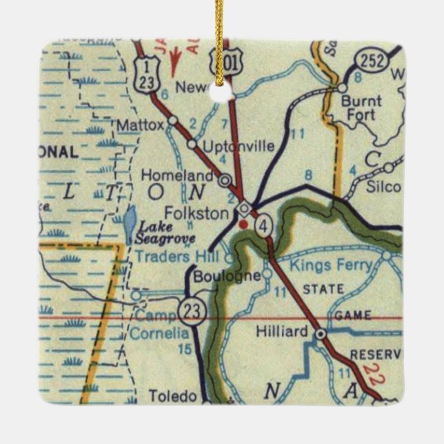Folkston Georgia Vintage Karta Julgransprydnad Keramik (Baksida)