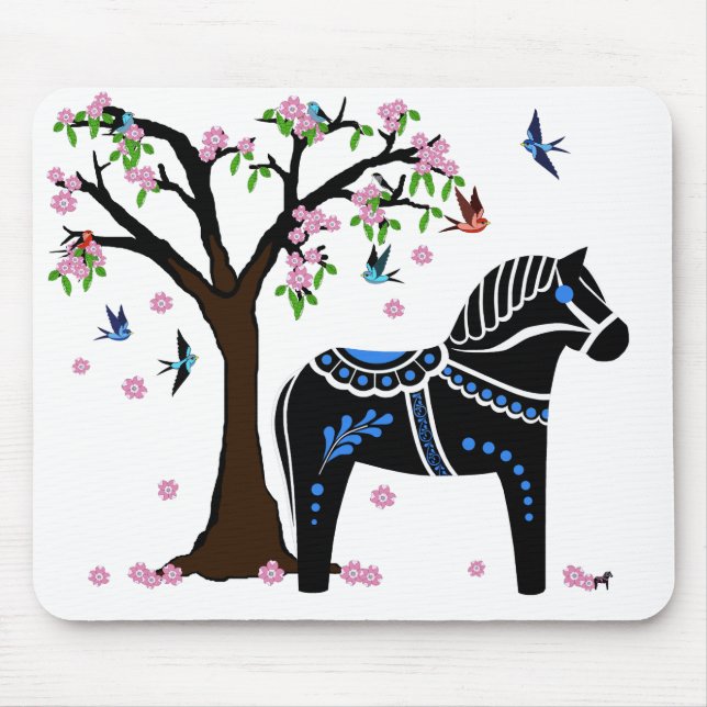 Folksvart/vit-/blåttDala häst, Folk fågel/blomma Musmatta (Framsidan)