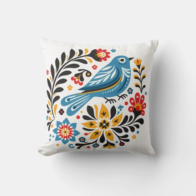 Folksy Bluebird och Wildblommor Kudde (Framsida)
