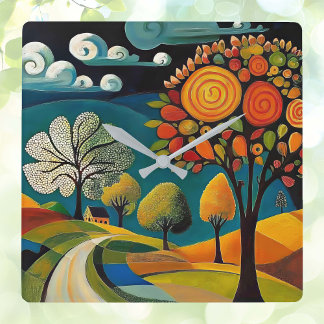 Folksy Land Scene Fyrkantig Klocka